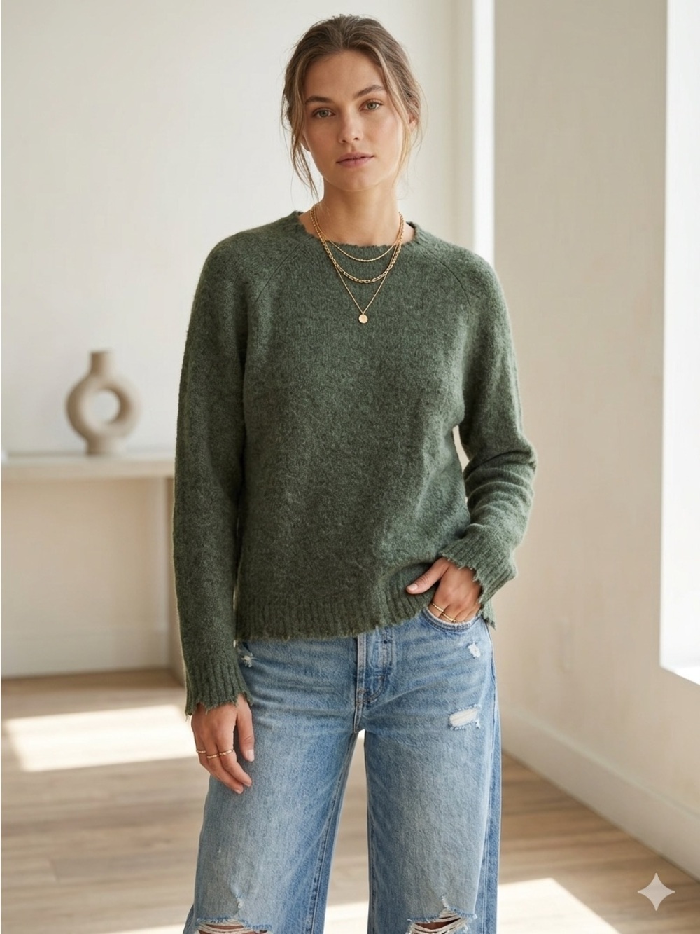 Minnie Rose Olive Green Distressed Frayed Edge Cashmere Sweater - Medium